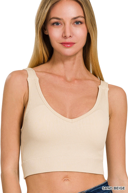 Zenana Cropped Bra Tank Seamless Ribbed V-Neck Padded Sleeveless Top Beige