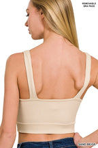 Zenana Cropped Bra Tank Seamless Ribbed V-Neck Padded Sleeveless Top Beige