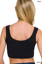 Zenana Black Cropped Tank Top Seamless Ribbed Scoop Neck Sleeveless
