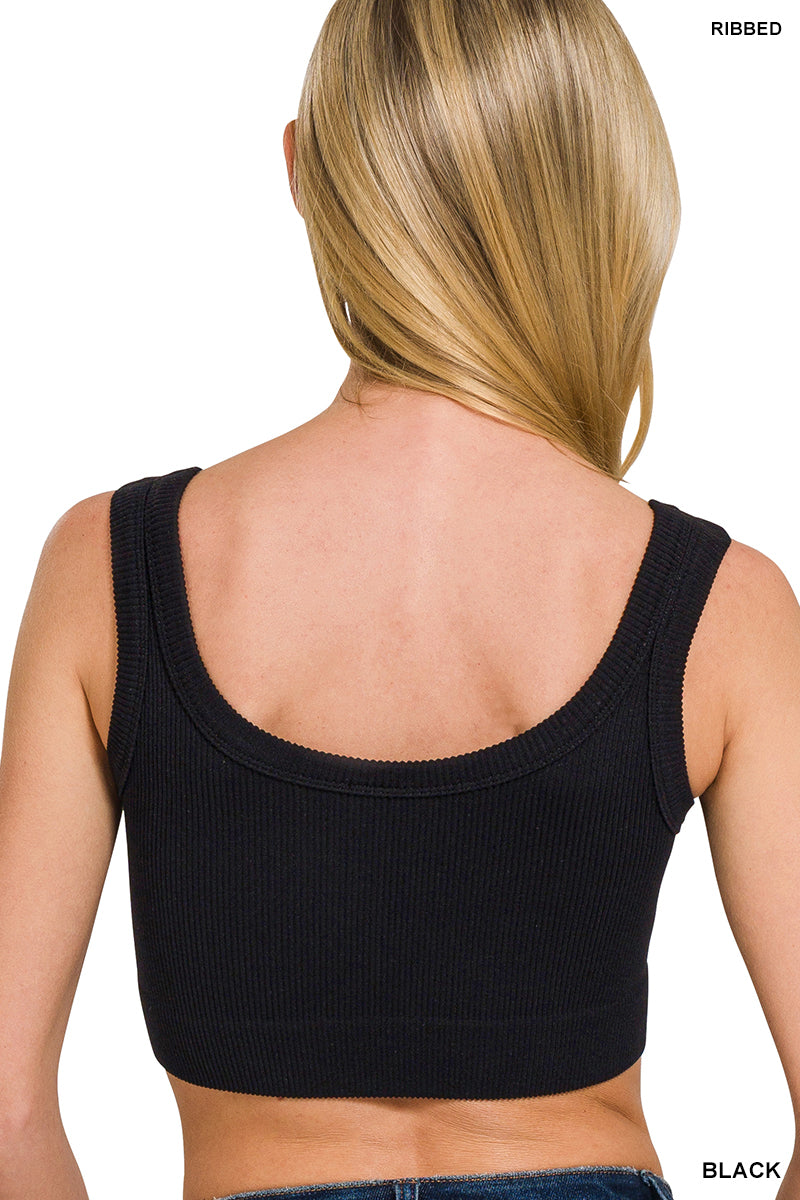 Zenana Black Cropped Tank Top Seamless Ribbed Scoop Neck Sleeveless