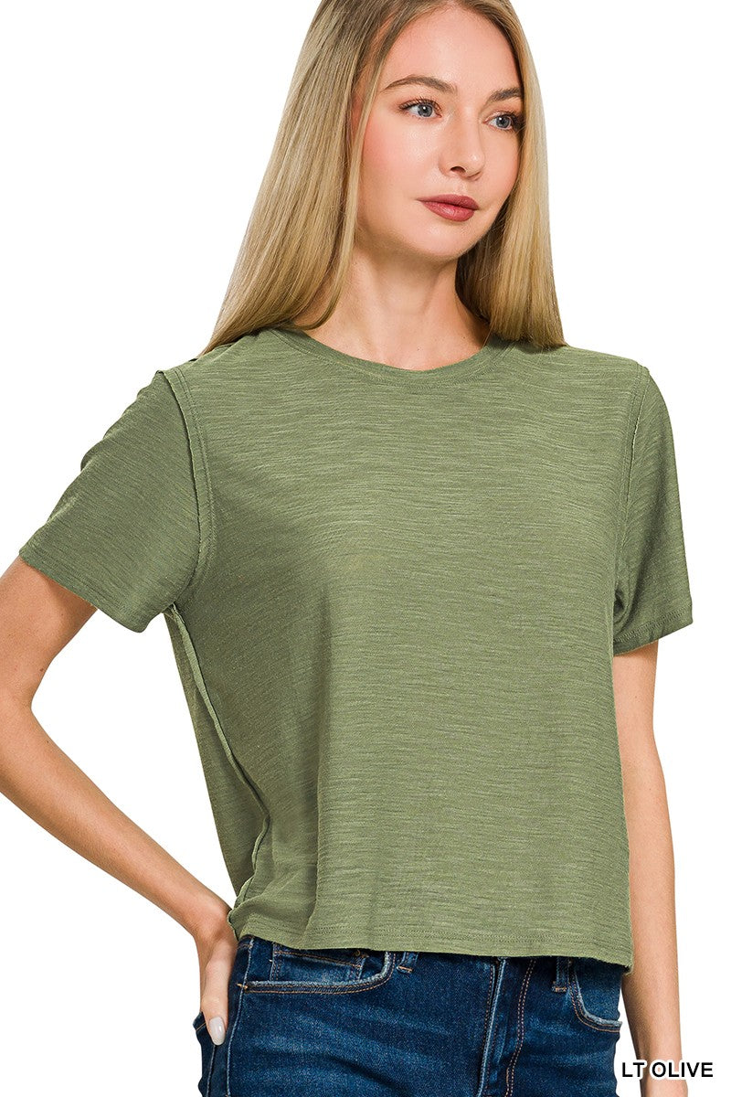 Zenana Casual Blouse Basic Round Neck Short Sleeve Lightweight Top Olive
