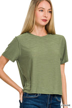 Zenana Casual Blouse Basic Round Neck Short Sleeve Lightweight Top Olive