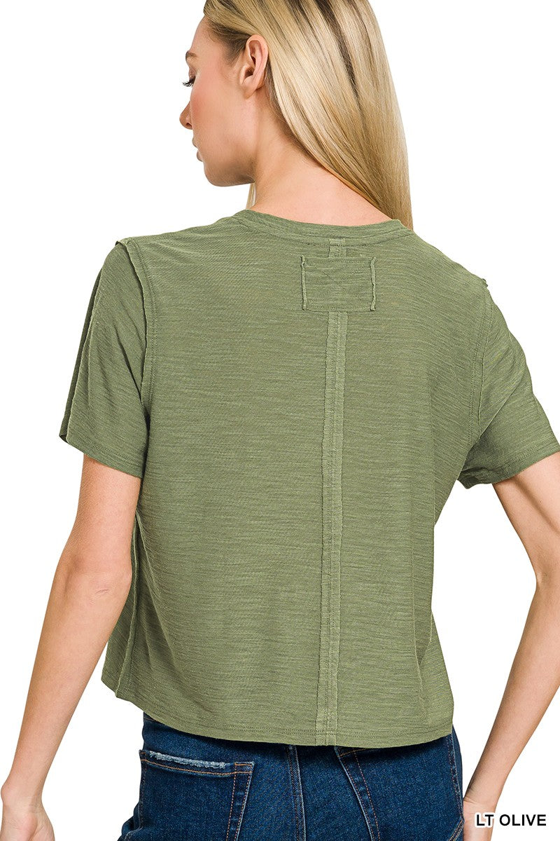 Zenana Casual Blouse Basic Round Neck Short Sleeve Lightweight Top Olive
