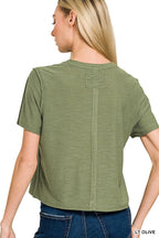 Zenana Casual Blouse Basic Round Neck Short Sleeve Lightweight Top Olive