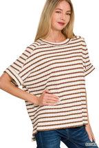 Zenana Casual T-shirt Striped Woven Brown Cotton Blend Short Sleeve Blouse