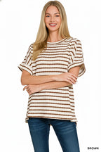 Zenana Casual T-shirt Striped Woven Brown Cotton Blend Short Sleeve Blouse