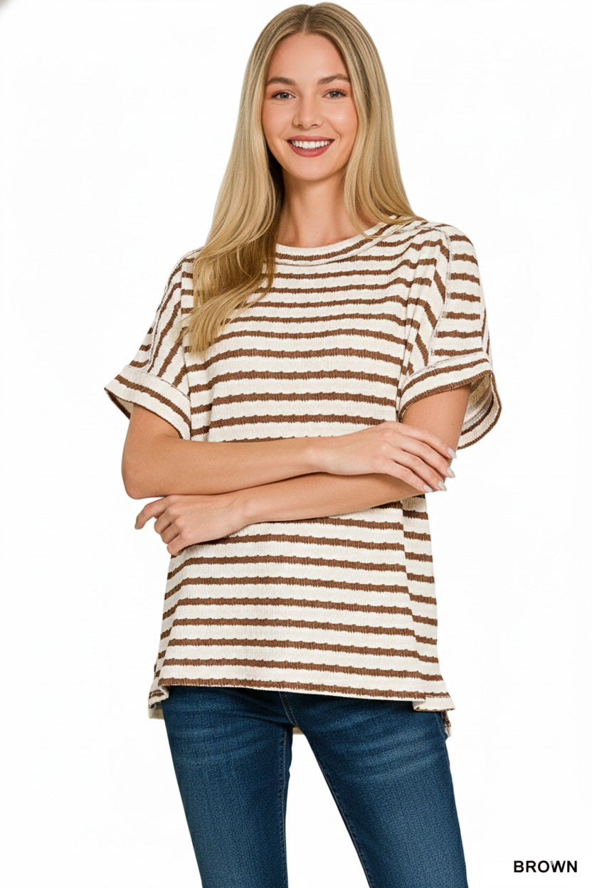 Zenana Casual T-shirt Striped Woven Brown Cotton Blend Short Sleeve Blouse