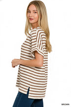 Zenana Casual T-shirt Striped Woven Brown Cotton Blend Short Sleeve Blouse