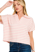 Zenana Casual T-shirt Pink Striped Split V-Neck Collared Knit Top Short Sleeve