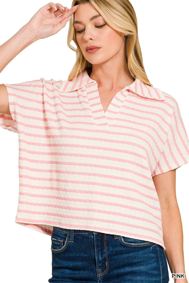 Zenana Casual T-shirt Pink Striped Split V-Neck Collared Knit Top Short Sleeve