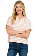 Zenana Casual T-shirt Pink Striped Split V-Neck Collared Knit Top Short Sleeve