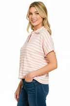 Zenana Casual T-shirt Pink Striped Split V-Neck Collared Knit Top Short Sleeve