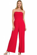 Zenana Strapless Jumpsuit Cotton Casual Elastic Waist Lightweight Overall Red