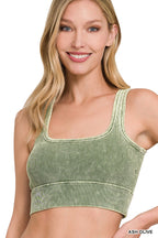 Zenana Cropped Bra Top Washed Ribbed Seamless Square Neck With Pads Olive