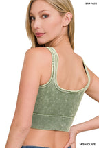 Zenana Cropped Bra Top Washed Ribbed Seamless Square Neck With Pads Olive