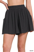Zenana Casual Rüschen-Shorts Schwarz Elastischer Bund Leicht Mit Taschen