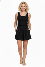Zenana Casual Rüschen-Shorts Schwarz Elastischer Bund Leicht Mit Taschen