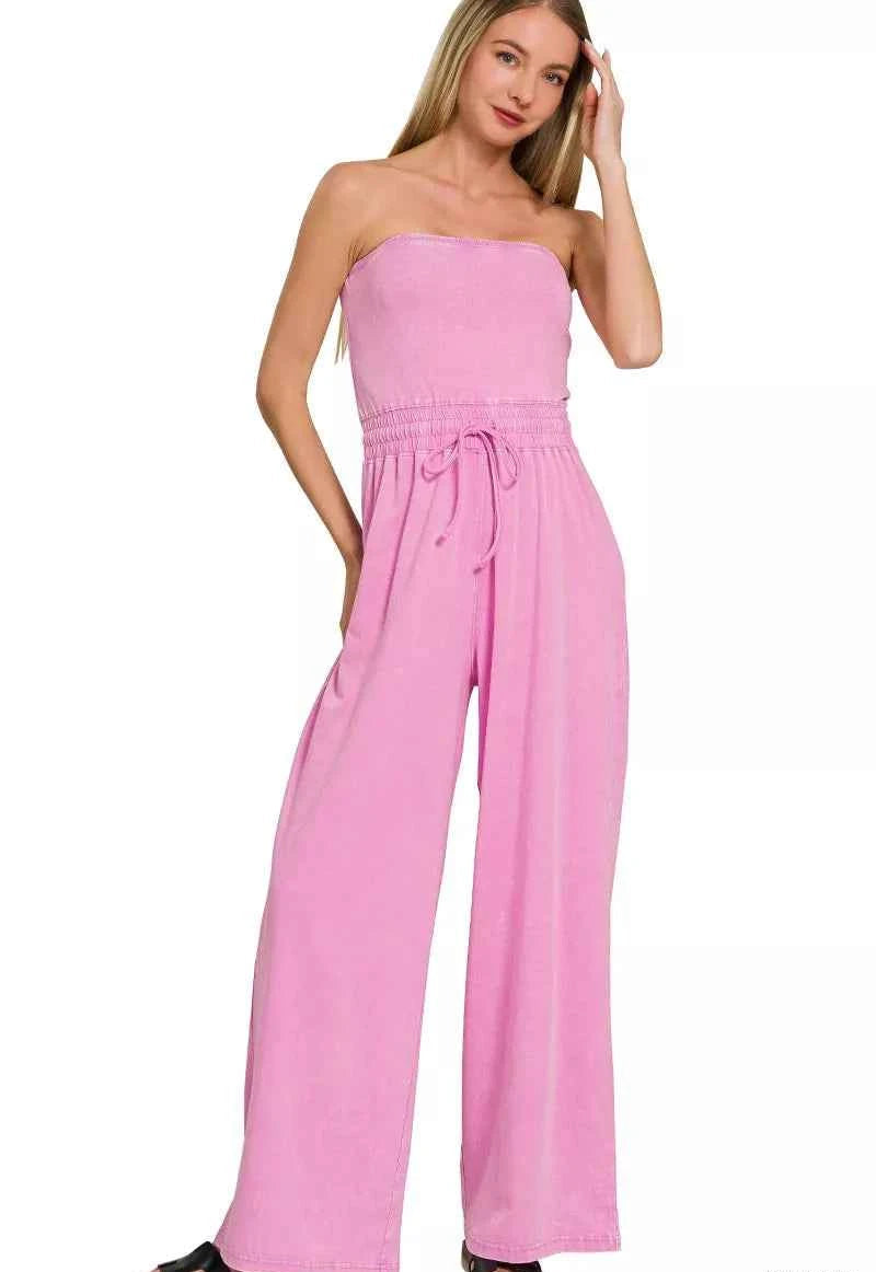 Zenana Acid Washed Strapless Tube Top Jumpsuit