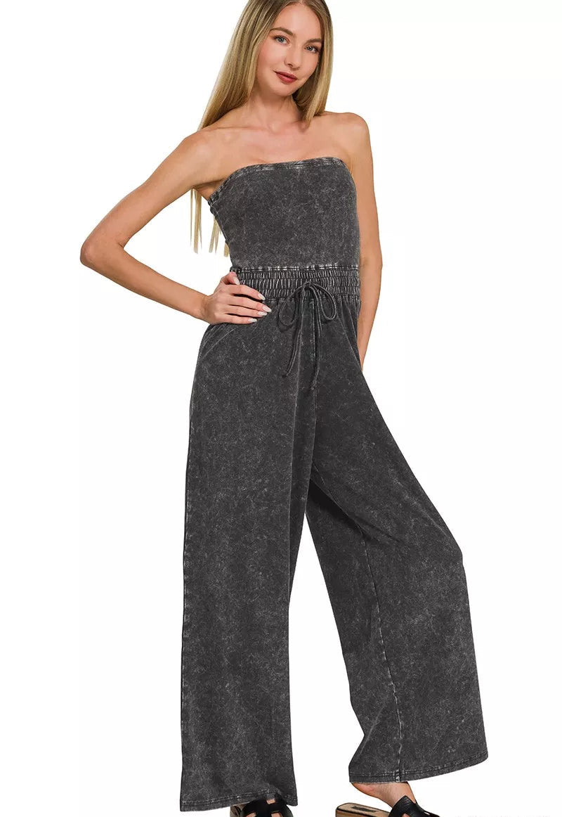 Zenana Acid Washed Strapless Tube Top Jumpsuit