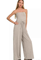 Zenana Acid Washed Strapless Tube Top Jumpsuit