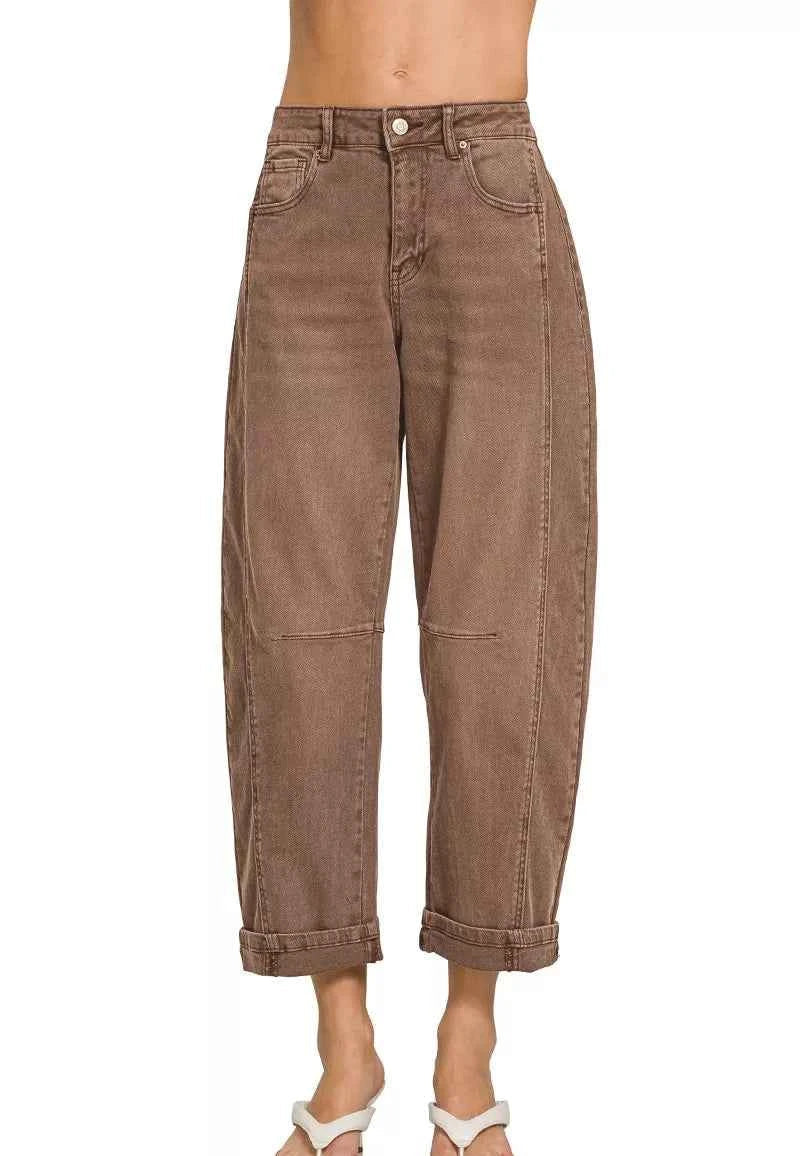 Zenana Barrel-Leg Cropped Jeans Brown High Rise Women Denim Pants