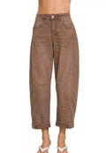 Zenana Barrel-Leg Cropped Jeans Brown High Rise Women Denim Pants