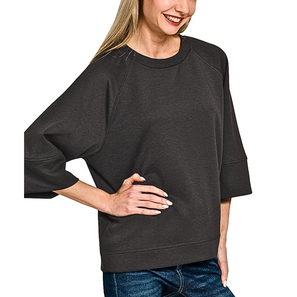 Zenana Black Casual Top Round Neck Scuba Fabric Lightweight 3/4 Sleeve