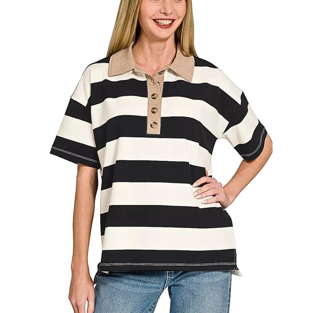 Zenana Black Striped Collared Polo Top Casual Buttoned Short Sleeve Cotton