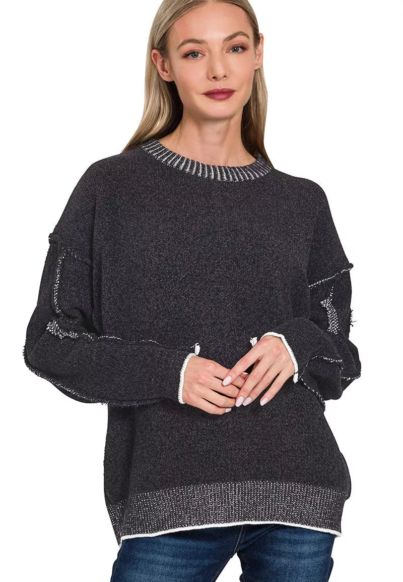 Zenana Black Sweater Womens Exposed Seam Round Neck Two-Tone BLACK Zenana_Black_Sweater_Womens_Exposed_Seam_Round_Neck_Two-Tone Trendsi