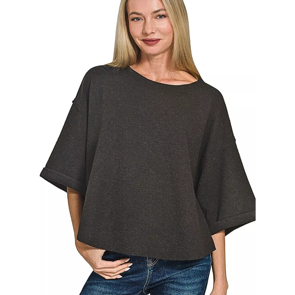 Zenana Blouse Black Casual Woven Round Neck Basic Short Sleeve Top
