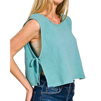 Zenana Blouse Cotton Double Gauze Dusty Teal Side Tie Sleeveless Casual Loose Top