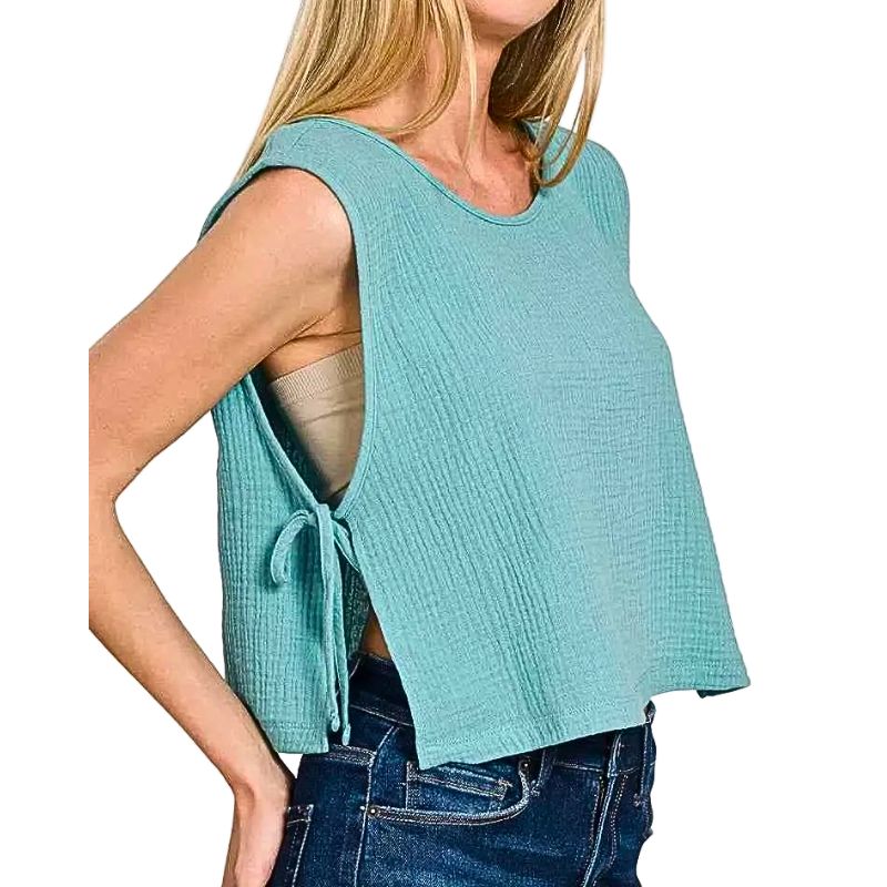 Zenana Blouse Cotton Double Gauze Dusty Teal Side Tie Sleeveless Casual Loose Top
