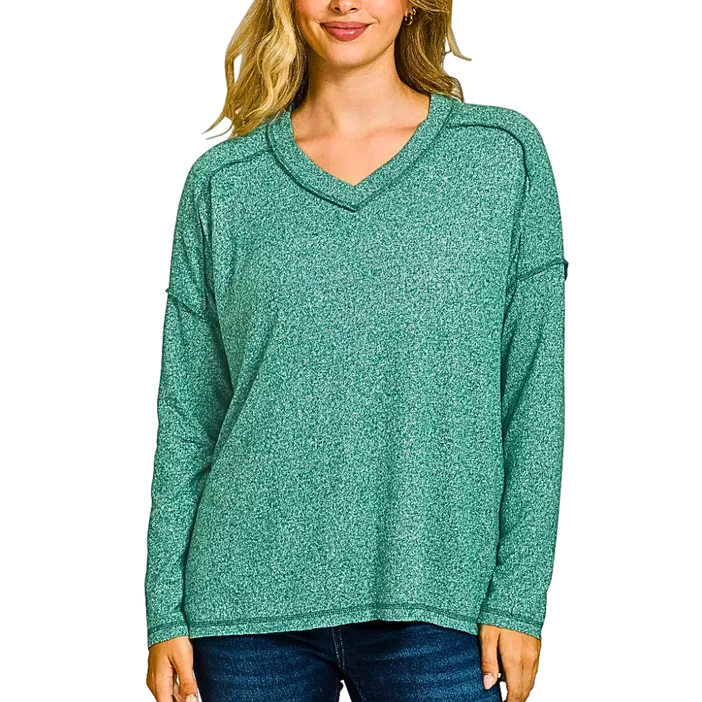 Zenana Blouse Green Soft Melange Hacci Exposed Seam Hi-low Long Sleeve Top Tee