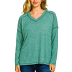 Zenana Blouse Green Soft Melange Hacci Exposed Seam Hi-low Long Sleeve Top Tee