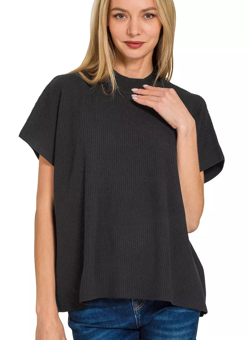 Zenana Boxy Sweater Black Viscose Mock Neck Short Sleeve Women Ribbed Knit Top - Styleinger