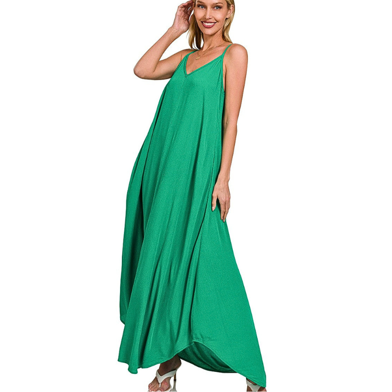 Zenana Cami Maxi Dress V-Neck Oversized Green Flowy Long Lightweight Dress