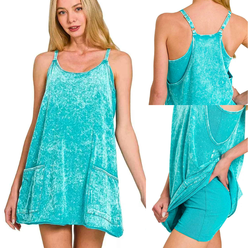 Zenana Cami Tank Mini Dress Cotton Acid Washed Light Teal In Romper Liner