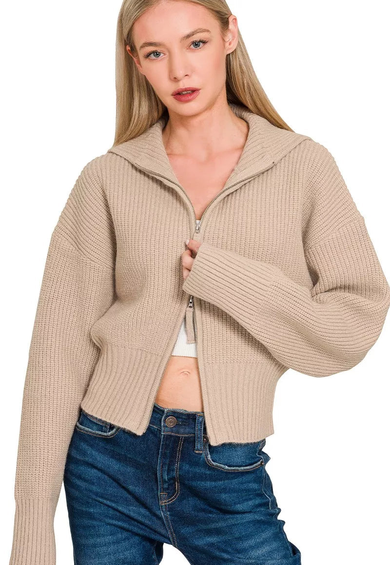 Zenana Cardigan Ribbed Collared Zip Up Sweater Ash Mocha ASH MOCHA Zenana_Cardigan_Ribbed_Collared_Zip_Up_Sweater_Ash_Mocha Trendsi
