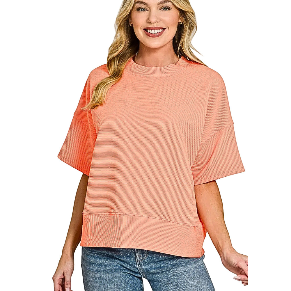 Zenana Casual Blouse Basic Round Neck Short Sleeve T-shirt Top Coral