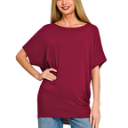 Zenana Casual Blouse Burgundy Hacci Dolman Long Sleeve Boat Neck Loose Solid Top