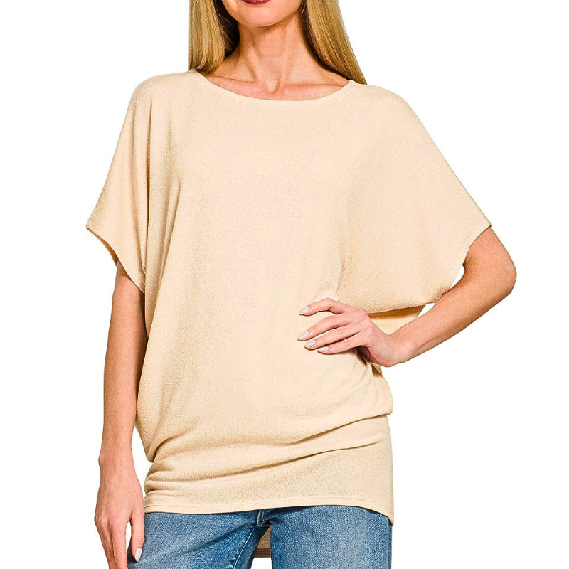 Zenana Casual Blouse Sand Beige Hacci Dolman Short Sleeve Boat Neck Top