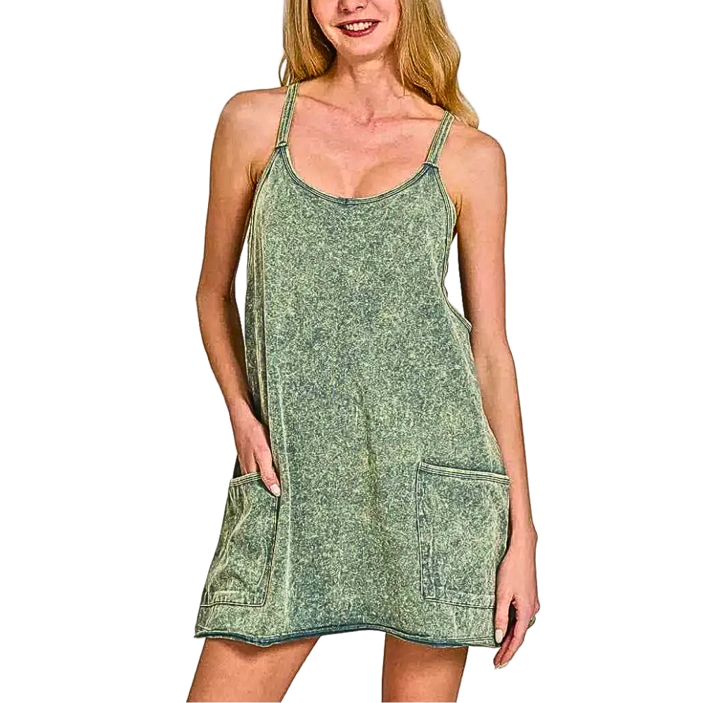 Zenana Casual Cami Mini Dress Green Cotton Acid Washed Built-in Romper Pocketed