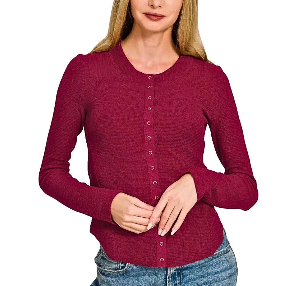 Zenana Casual Cardigan Red Double Lightweight Knit Snap Button Shirt Long Sleeve