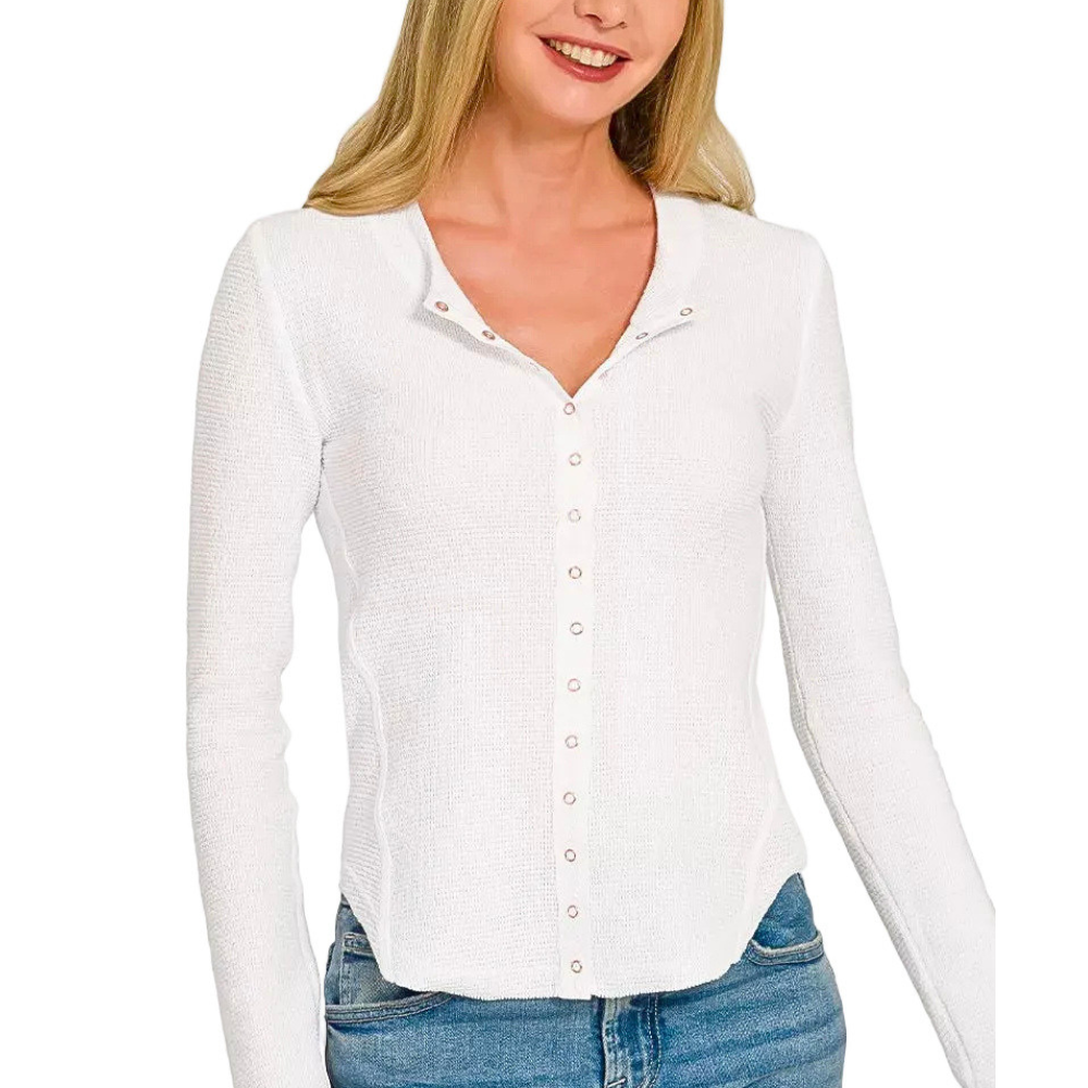 Zenana Casual Cardigan White Double Lightweight Knit Snap Button Shirt Long Sleeve