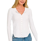 Zenana Casual Cardigan White Double Lightweight Knit Snap Button Shirt Long Sleeve