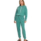 Zenana Casual Cotton Jumpsuit Hooded Half Zip French Terry Lightweight Green