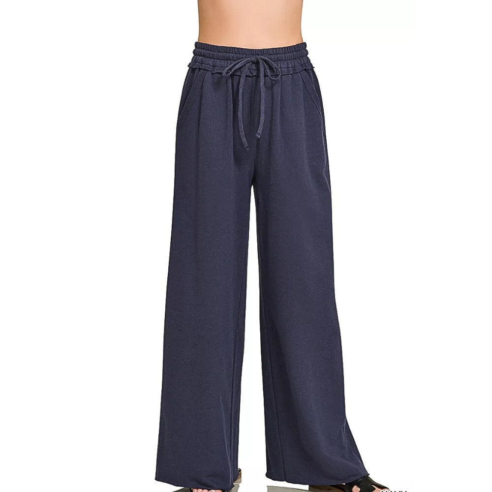 Zenana Casual Cotton Sweatpants Drawstring French Terry Wide Leg Navy Blue