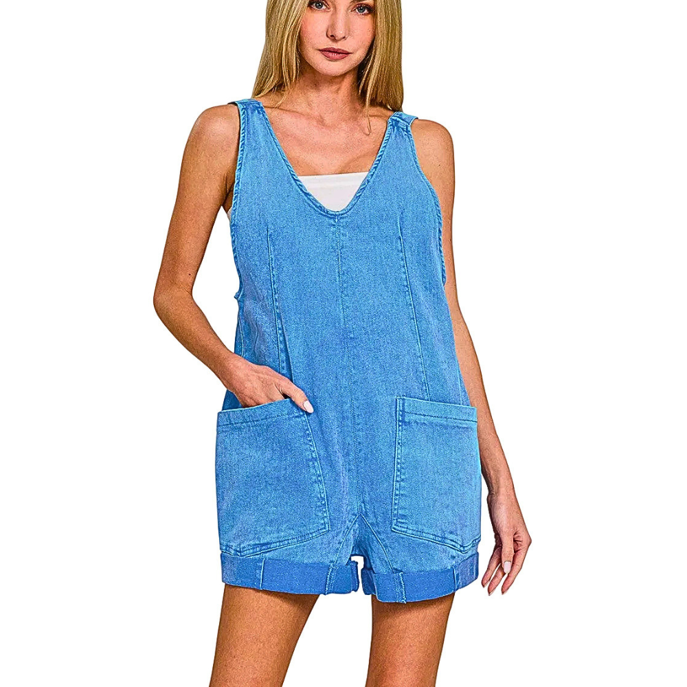 Zenana Casual Denim Romper V-Neck Ocean Blue Washed Sleeveless Short Jumpsuit
