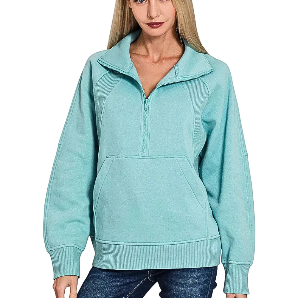 Zenana Casual Fleece Sweatshirt High Neck 1/2 Zip Dusty Teal Long Sleeve Top