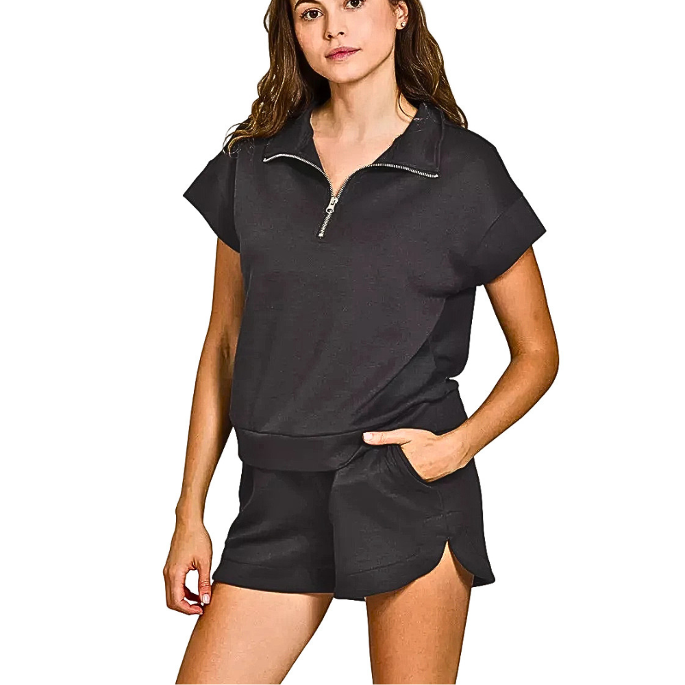 Zenana Casual Outfit Set Black High Neck Half Zip Top and Dolphin Shorts 2 Pcs